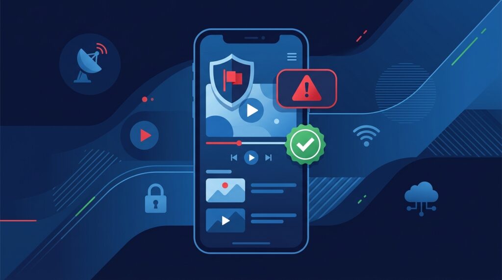 IPTV-scam herkennen: veilige streaming met waarschuwingsschild en groen vinkje