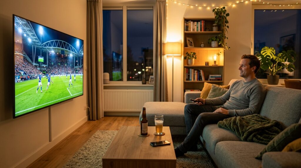 Man kijkt live voetbalwedstrijd via IPTV op een groot tv-scherm
