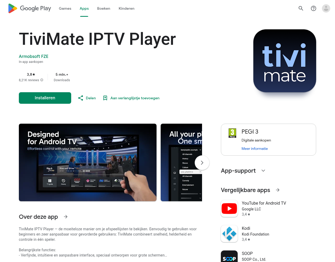 TiviMate IPTV Player-vermelding in Google Play voor Android TV