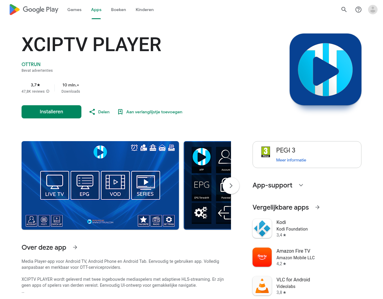 XCIPTV Player-vermelding in Google Play voor Android TV